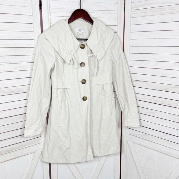 Ann Taylor Loft Ruffled Collar Crinkle Short Trench Coat Jacket Cream Petite XXS - Picture 8 of 14